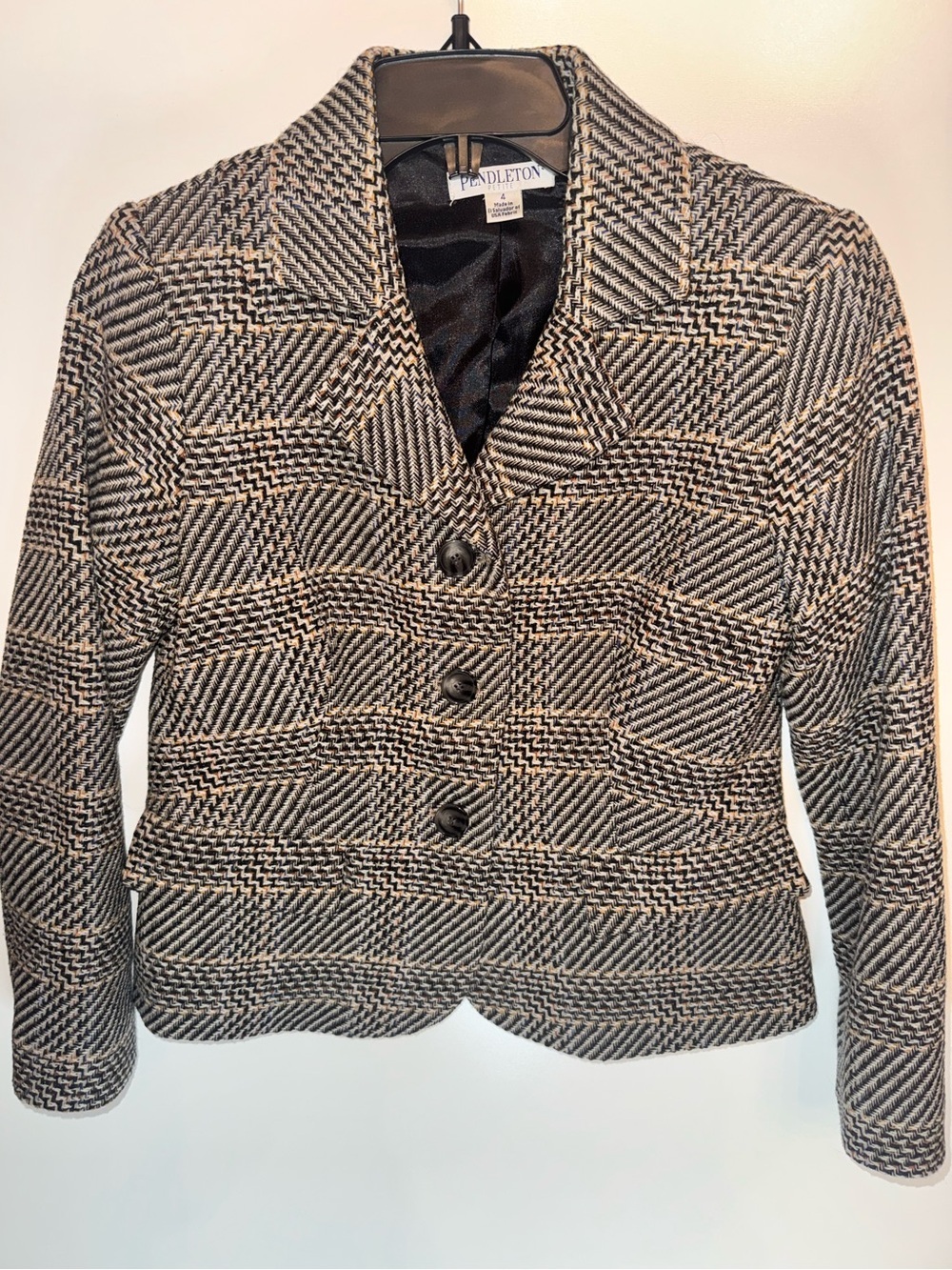 Pendleton Petite 4 Wool Plaid Cropped Blazer Jacket Made In USA Brown Black